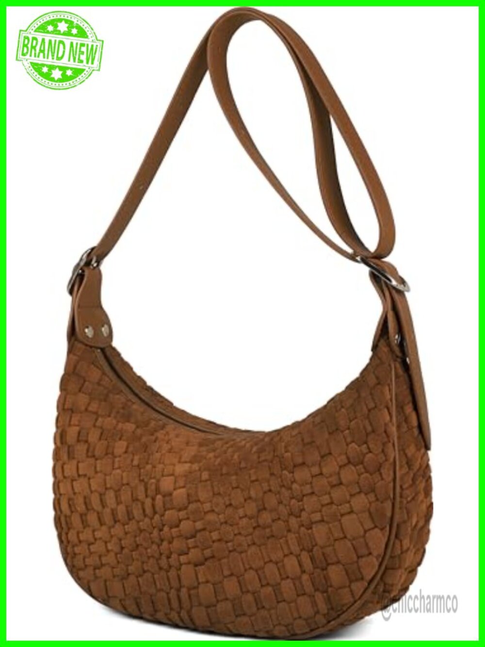 Vegan Leather Woven Crescent Crossbody Bag with Adjustable Strap - Picture 1 of 6